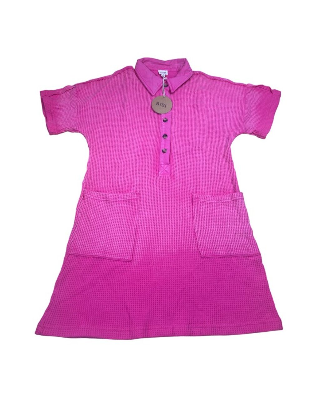 BIBI Dress XL Pink Washed Fuchsia Waffle Knit Polo Patch Pocket Y2K Minimalist - Picture 4 of 8